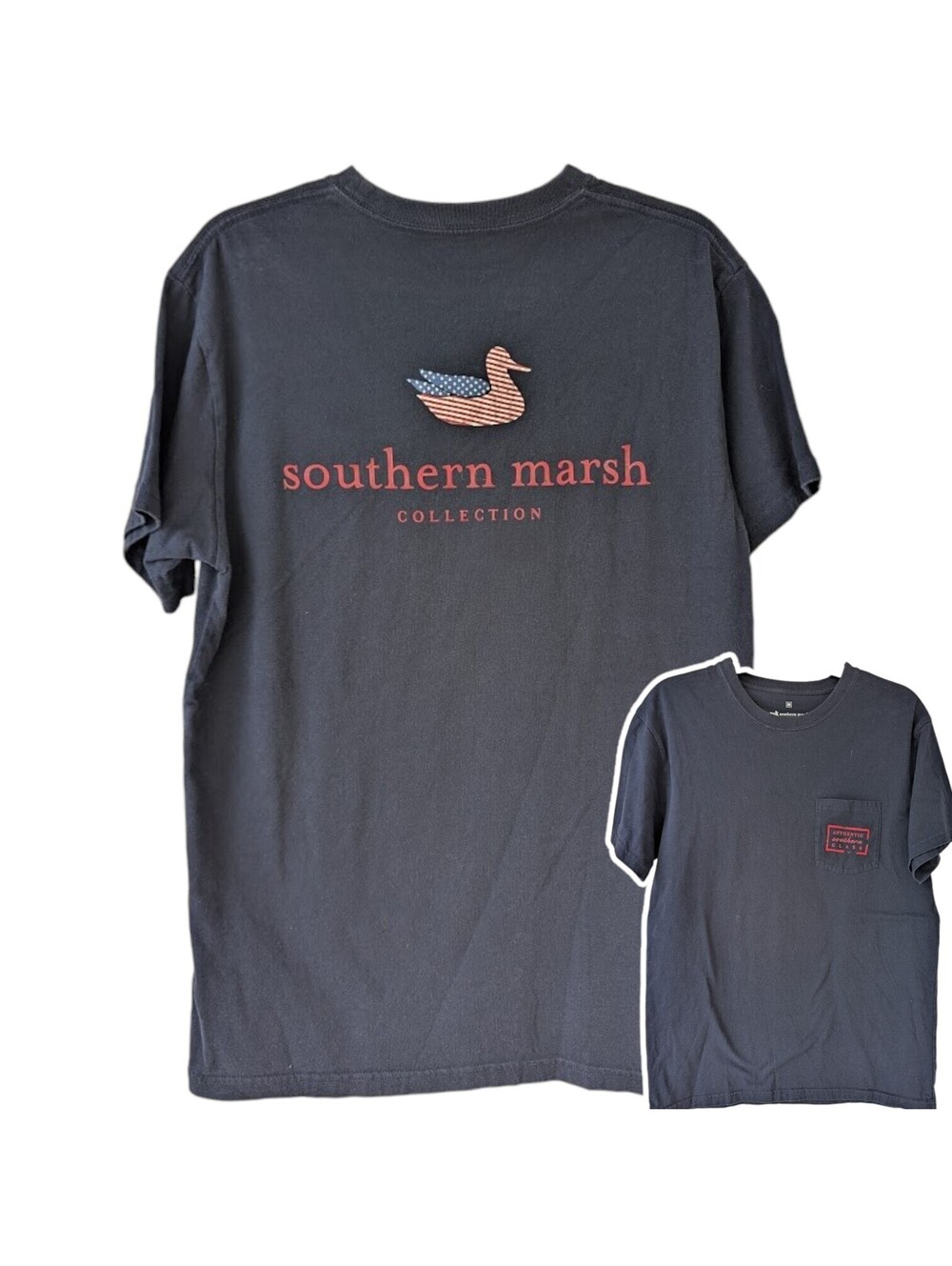 Southern Marsh Pocket T-Shirt Mens Medium Navy Blue Patriotic Duck Tee 19.5x28